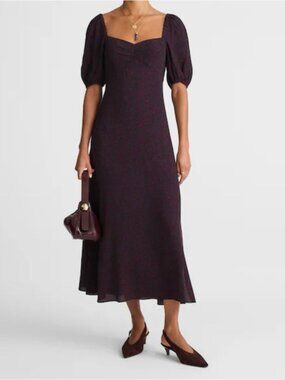 Madewell Blue/Burgundy Short Puff Sleeve Sweetheart Textured Midi Dress 0 NWT